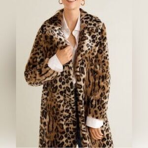 Mango Leopard Print Faux Fur Coat XS
